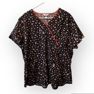Code Happy‎ Scrub Top Women’s 3XL Butterfly Black V Neck Short Sleeves Pockets